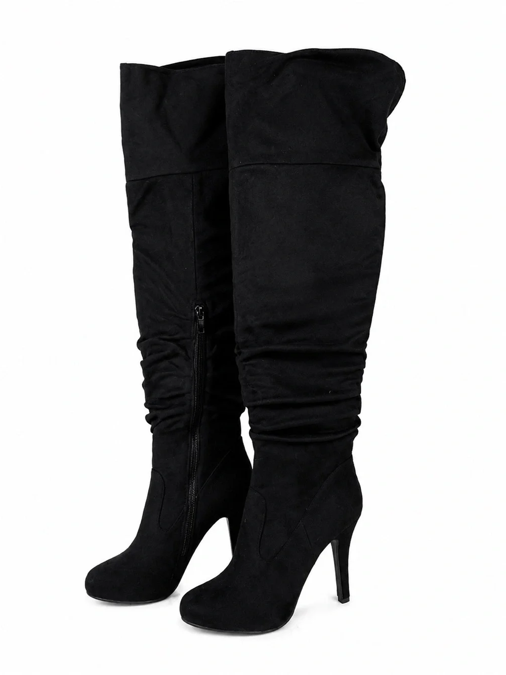 Black Over-the-Knee Stiletto Boots with Ruched Shaft